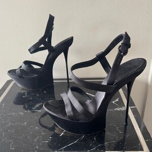 Casadei Black Strappy Platform Heels Size 9 fetish extreme sandal silk satin